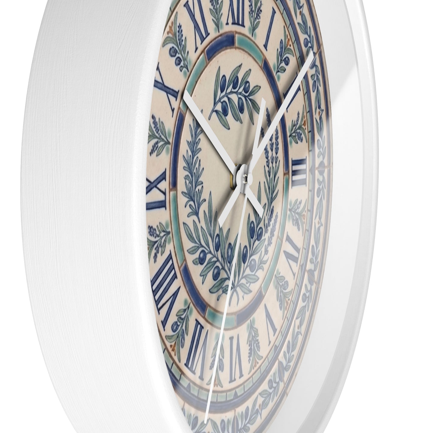 Blue Olive Wreath Wall Clock | Roman Numerals, Ceramic Tile Style