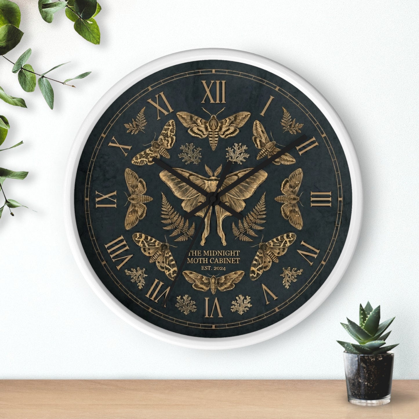 Midnight Moth Illustration Wall Clock | Vintage Moth Pattern, Roman Numerals