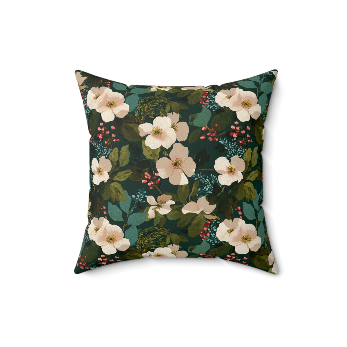 Cream Floral Pattern Pillow | Dark Green Botanical Throw Pillow