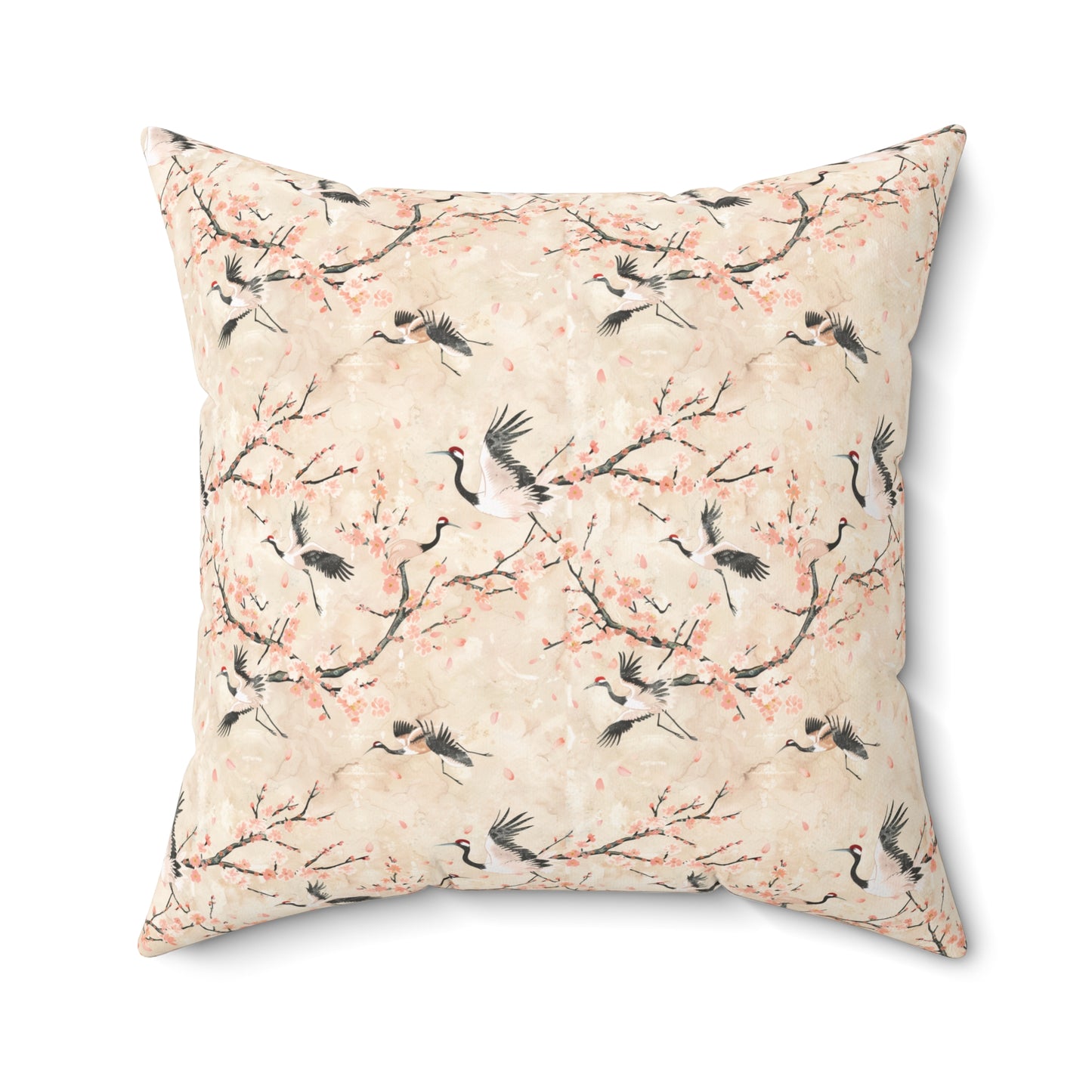 Cherry Blossom Crane Pillow | Floral Japanese Stork Pattern Square Pillow