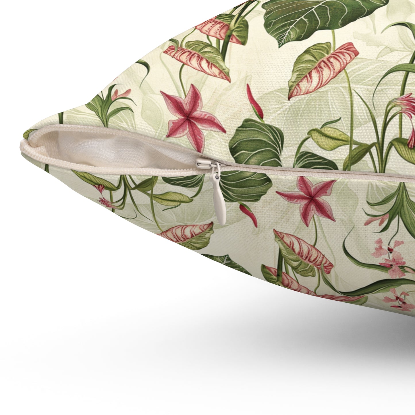 Vintage Botanical Floral Pattern Pillow | Tropical Leaves, Pink Flowers