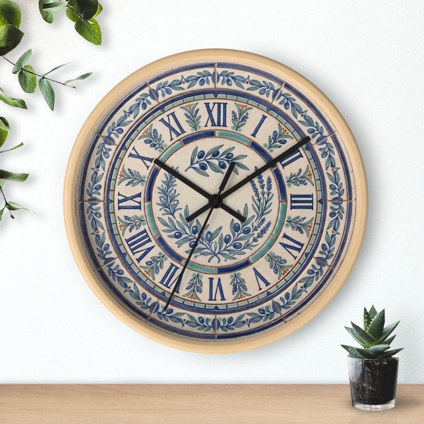 Blue Olive Wreath Wall Clock | Roman Numerals, Ceramic Tile Style