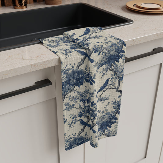 Blue Toile de Jouy Bird Pattern Tea Towel | Vintage Floral Tree Kitchen Towel