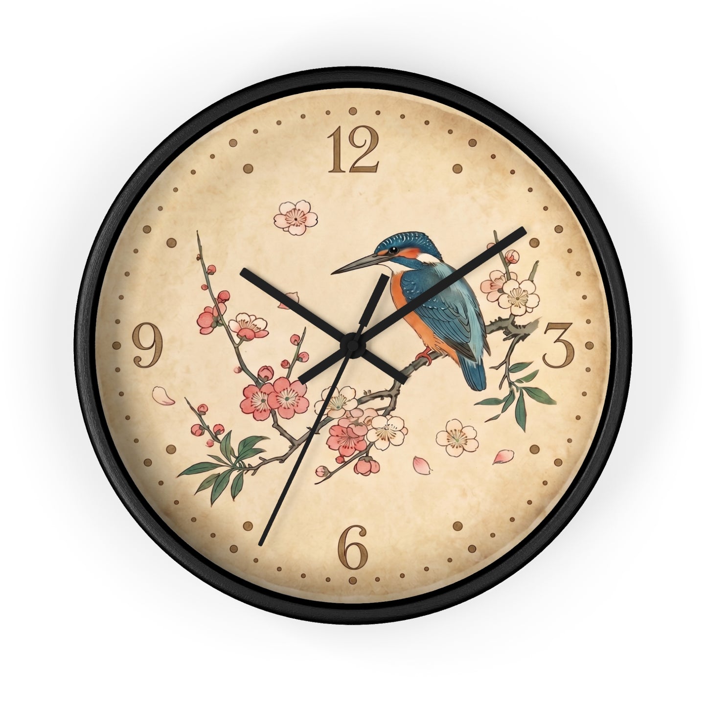 Kingfisher on Cherry Blossom Wall Clock | Kacho-ga Vintage Japanese Bird Floral Clock