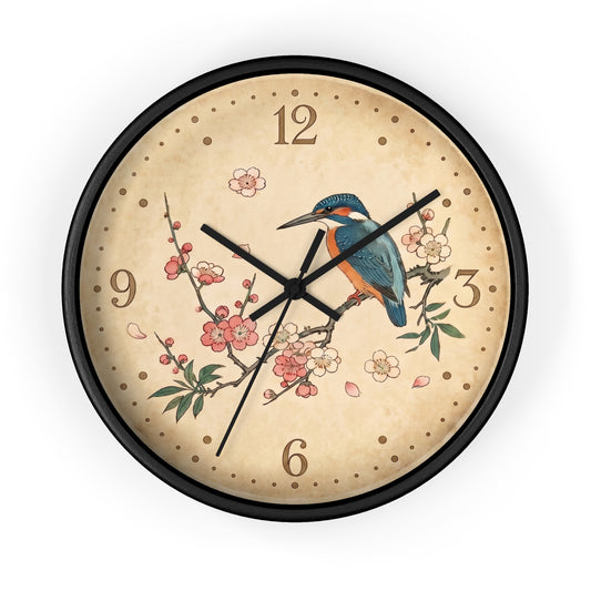 Kingfisher on Cherry Blossom Wall Clock | Kacho-ga Vintage Japanese Bird Floral Clock