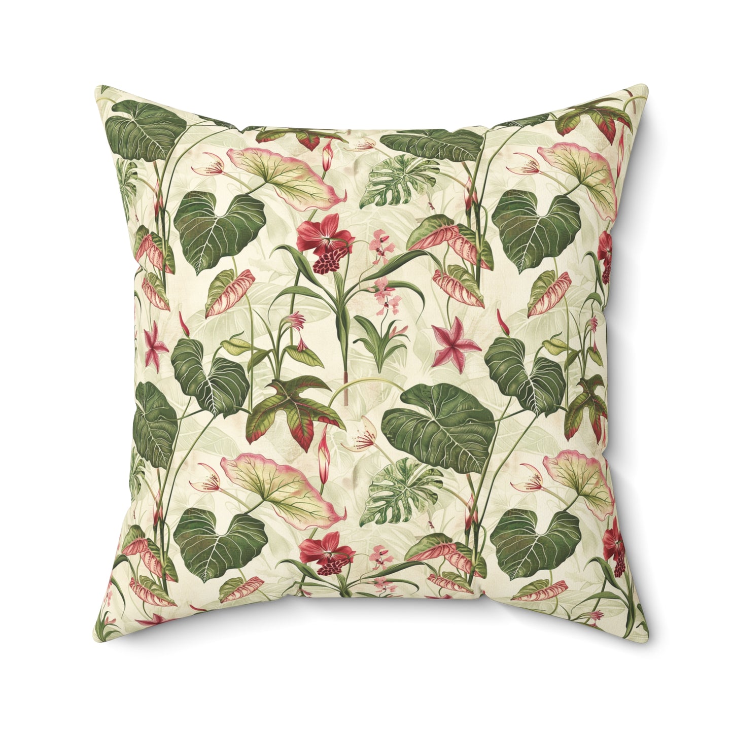 Vintage Botanical Floral Pattern Pillow | Tropical Leaves, Pink Flowers