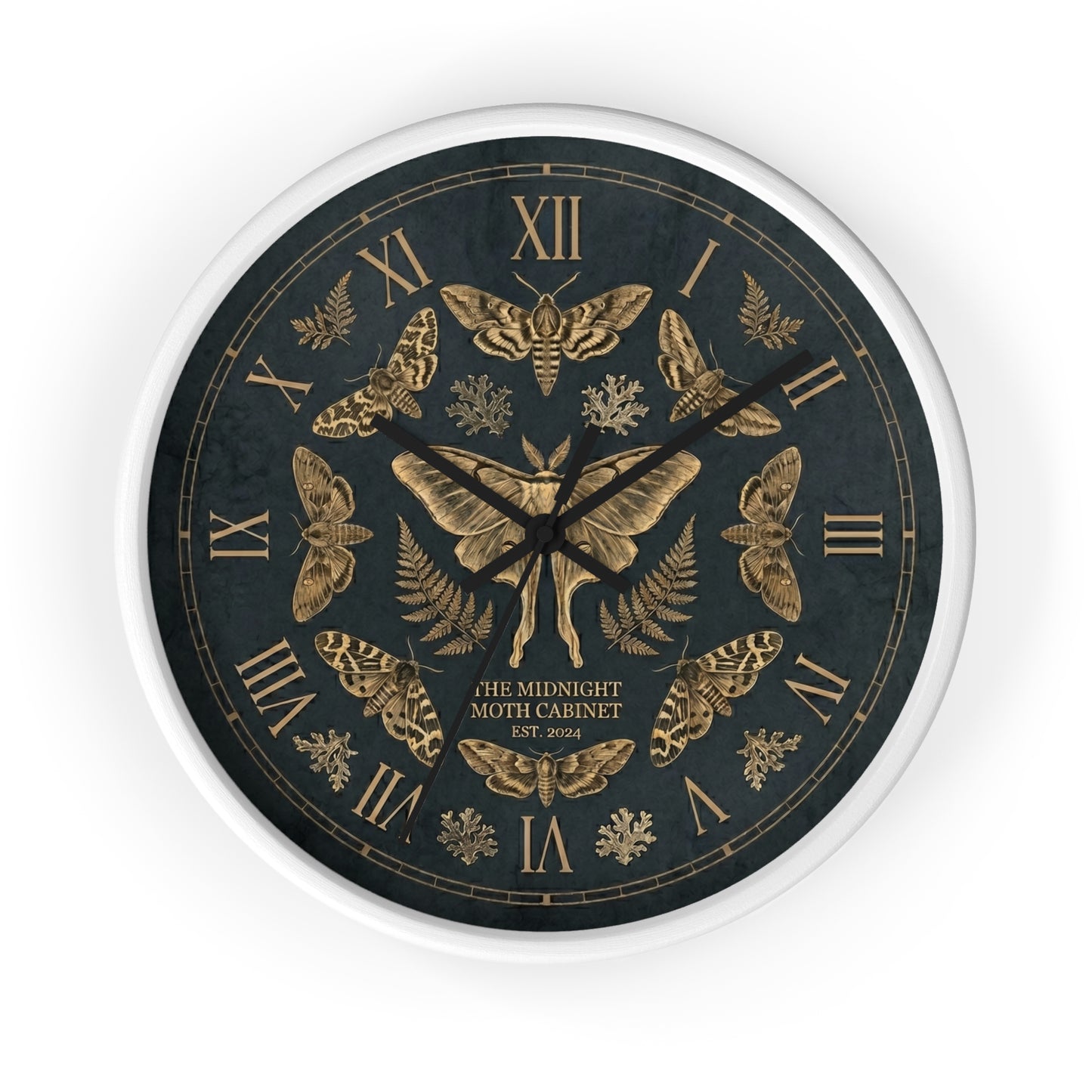 Midnight Moth Illustration Wall Clock | Vintage Moth Pattern, Roman Numerals