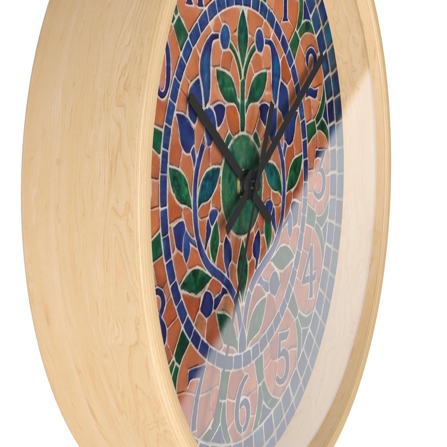 Mosaic Style Wall Clock - Terracotta Azure Blue Floral Print, Mediterranean Botany Decor