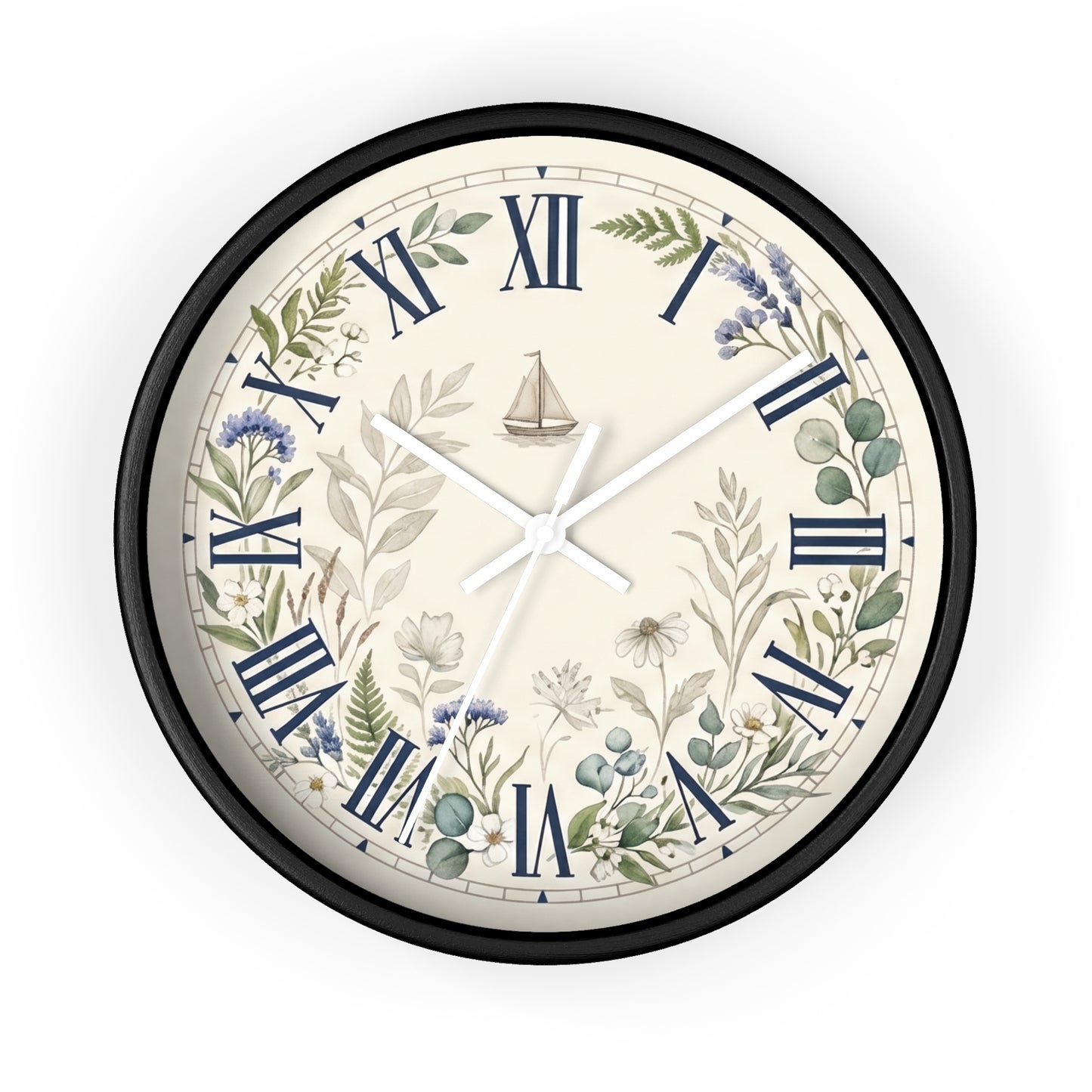 Nautical Floral Roman Numeral Wall Clock | Coastal and Greenery