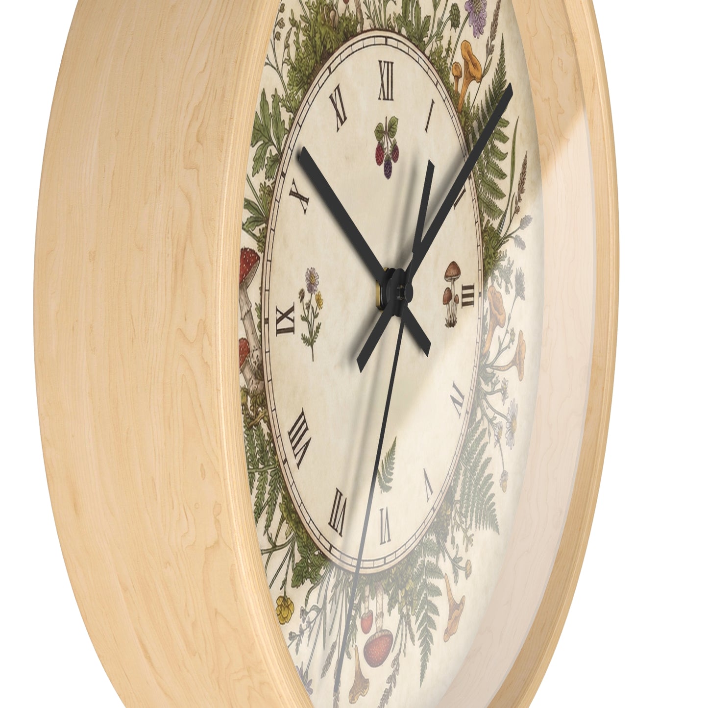 Vintage Botanical Wreath Wall Clock | Floral Ferns, Mushrooms, Roman Numerals
