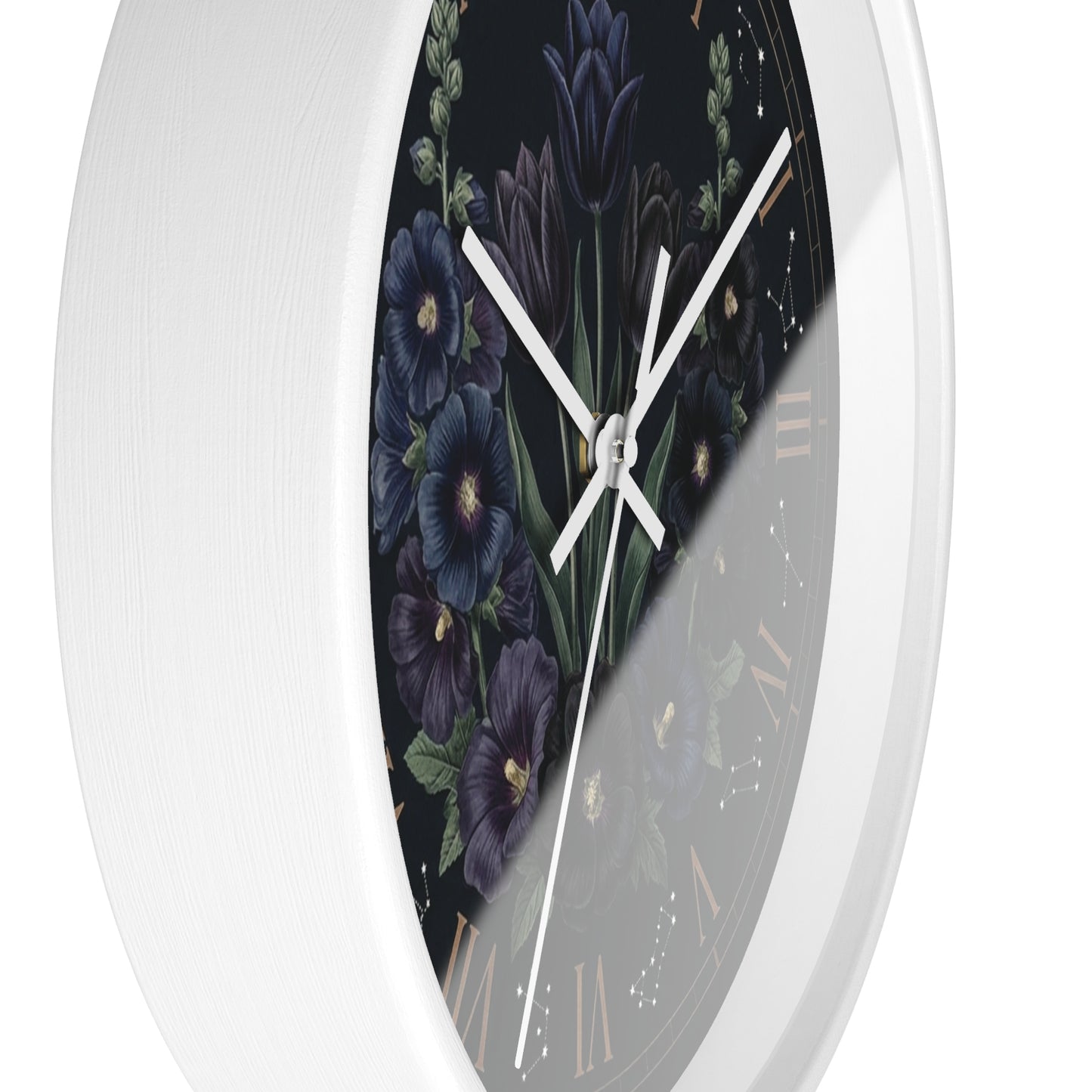 Midnight Violet Florals Wall Clock | Roman Numerals, Constellation Accents
