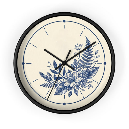 Blue Floral Illustration Wall Clock | Coastal Botanical Flower Clock