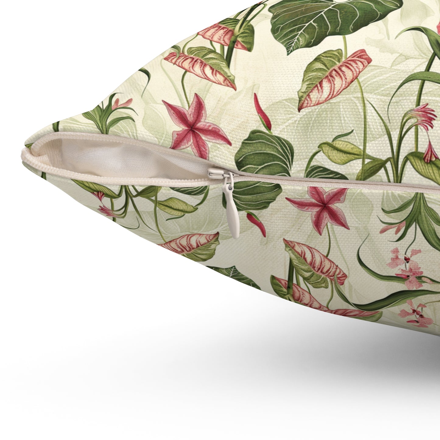 Vintage Botanical Floral Pattern Pillow | Tropical Leaves, Pink Flowers
