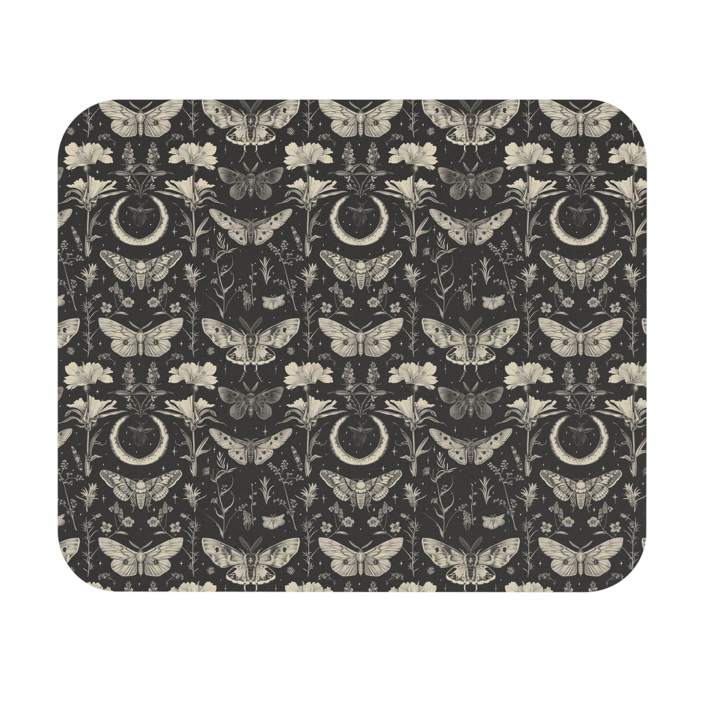 Celestial Moths Moon Pattern Mouse Pad | Gothic Botanical Desk Mat