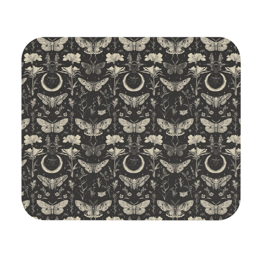 Celestial Moths Moon Pattern Mouse Pad | Gothic Botanical Desk Mat