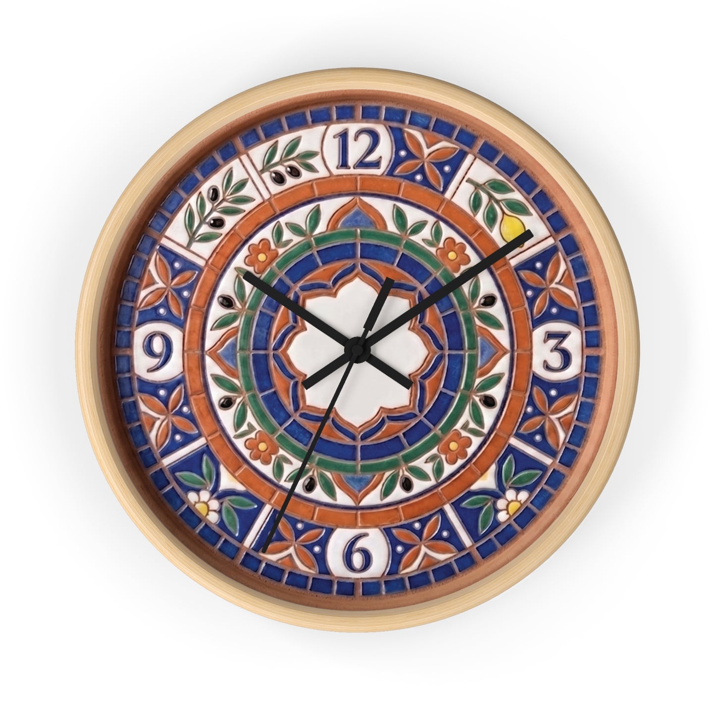 Mediterranean Mosaic Style Wall Clock - Terracotta Azure Blue Floral Faux Tile Botanical Decor