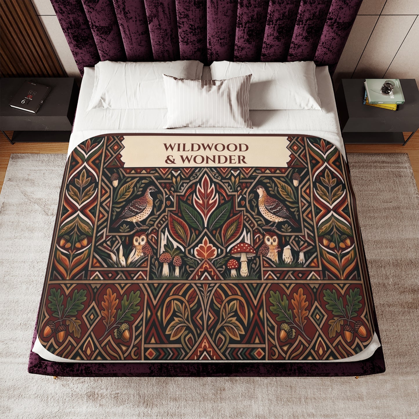 Autumn Bird and Botanical Pattern Sherpa Blanket, Personalized Text