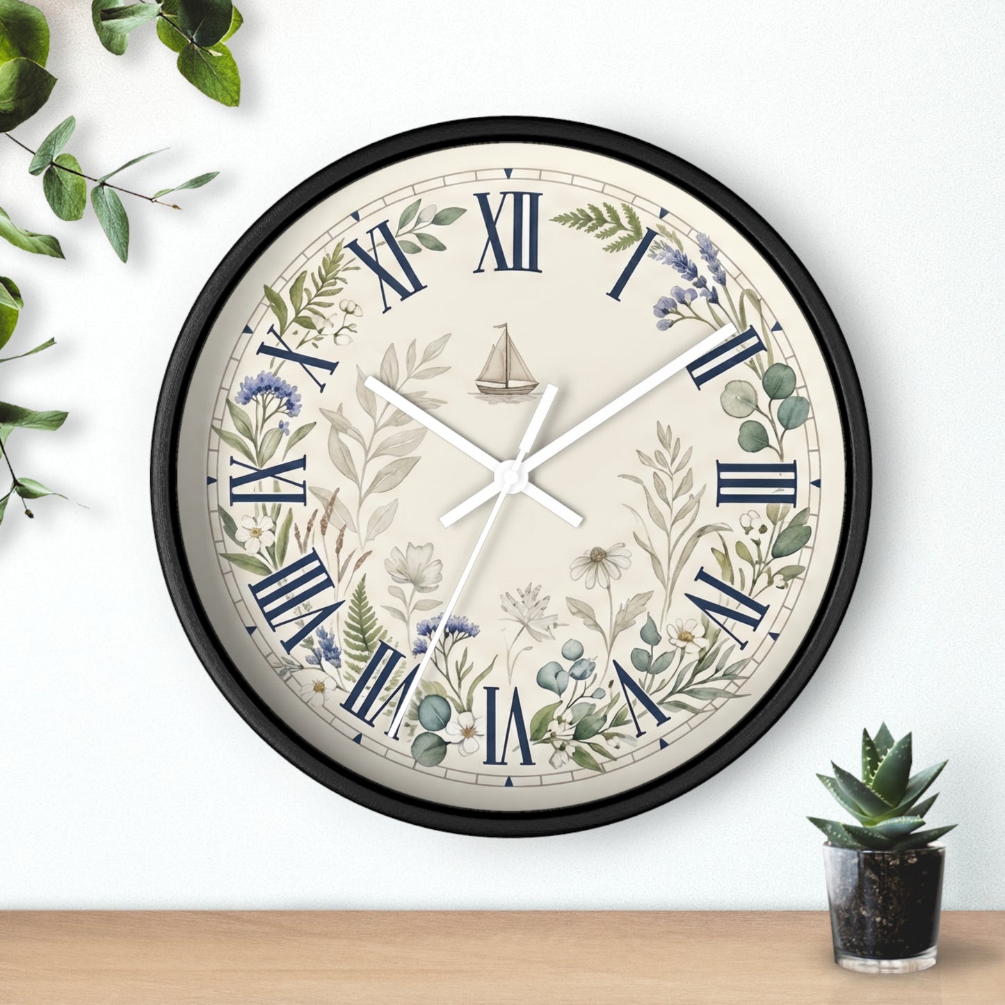 Nautical Floral Roman Numeral Wall Clock | Coastal and Greenery