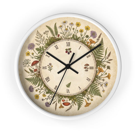 Vintage Botanical Wreath Wall Clock | Floral Ferns, Mushrooms, Roman Numerals