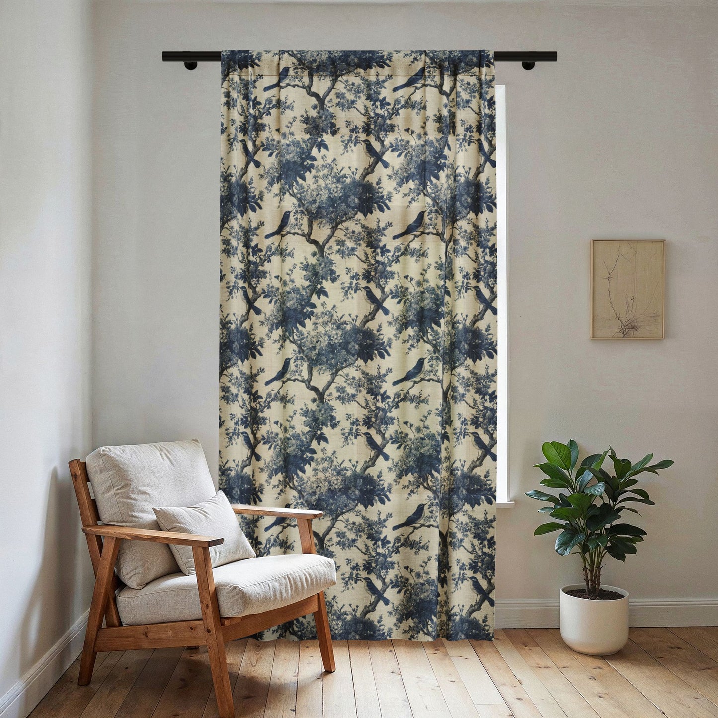 Blue Botanical Toile de Jouy Pattern Sheer Window Curtain | Floral Tree Print
