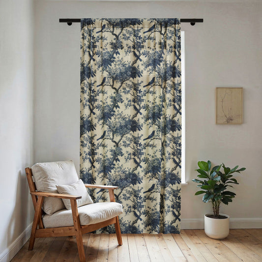 Blue Botanical Toile de Jouy Pattern Sheer Window Curtain | Floral Tree Print