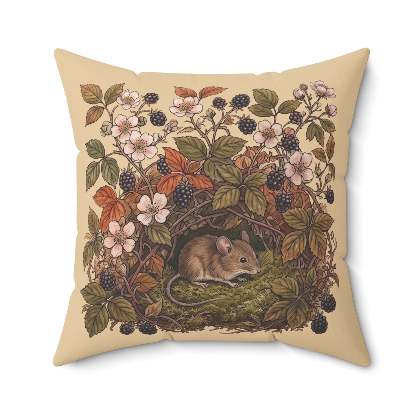 Woodland Mouse Nest Pillow | Vintage Botanical Brambles Illustration