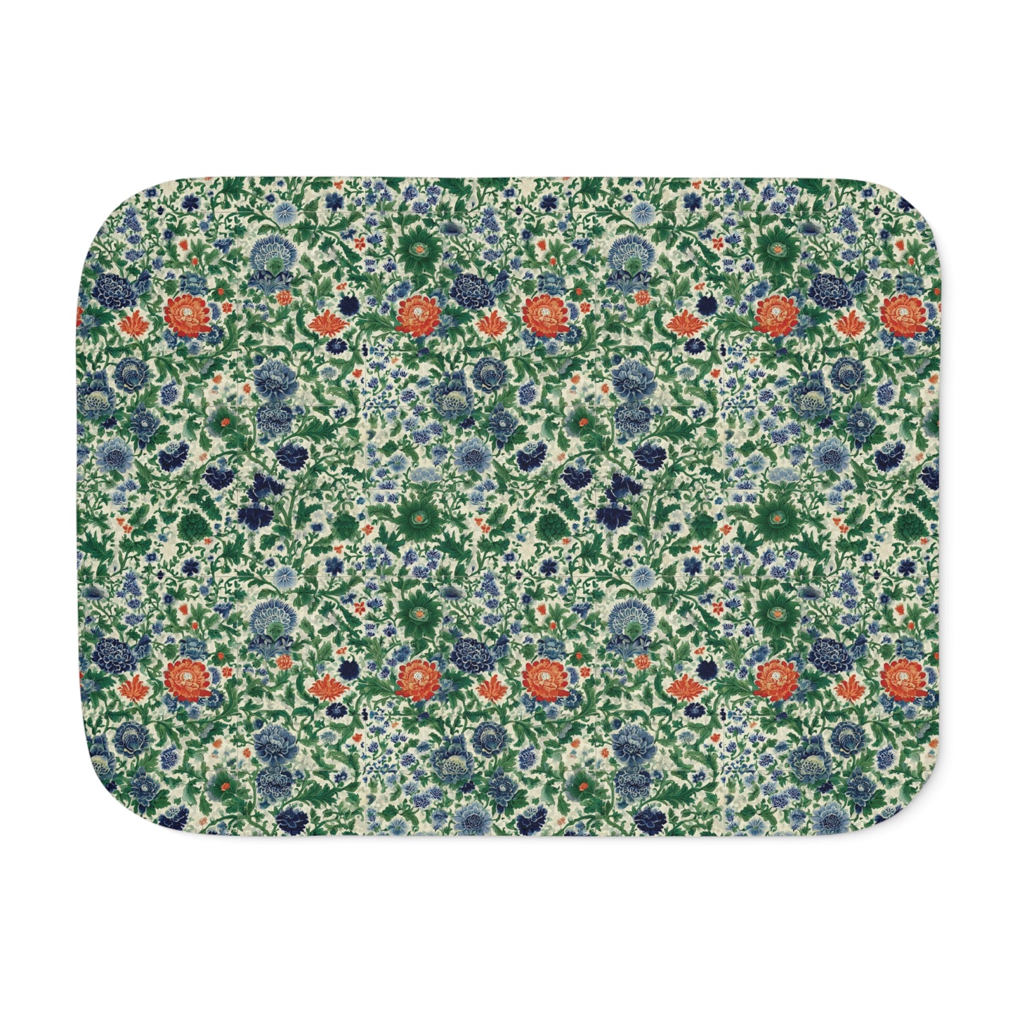 Floral Botanical Pattern Sherpa Blanket | Green Orange Vintage Garden
