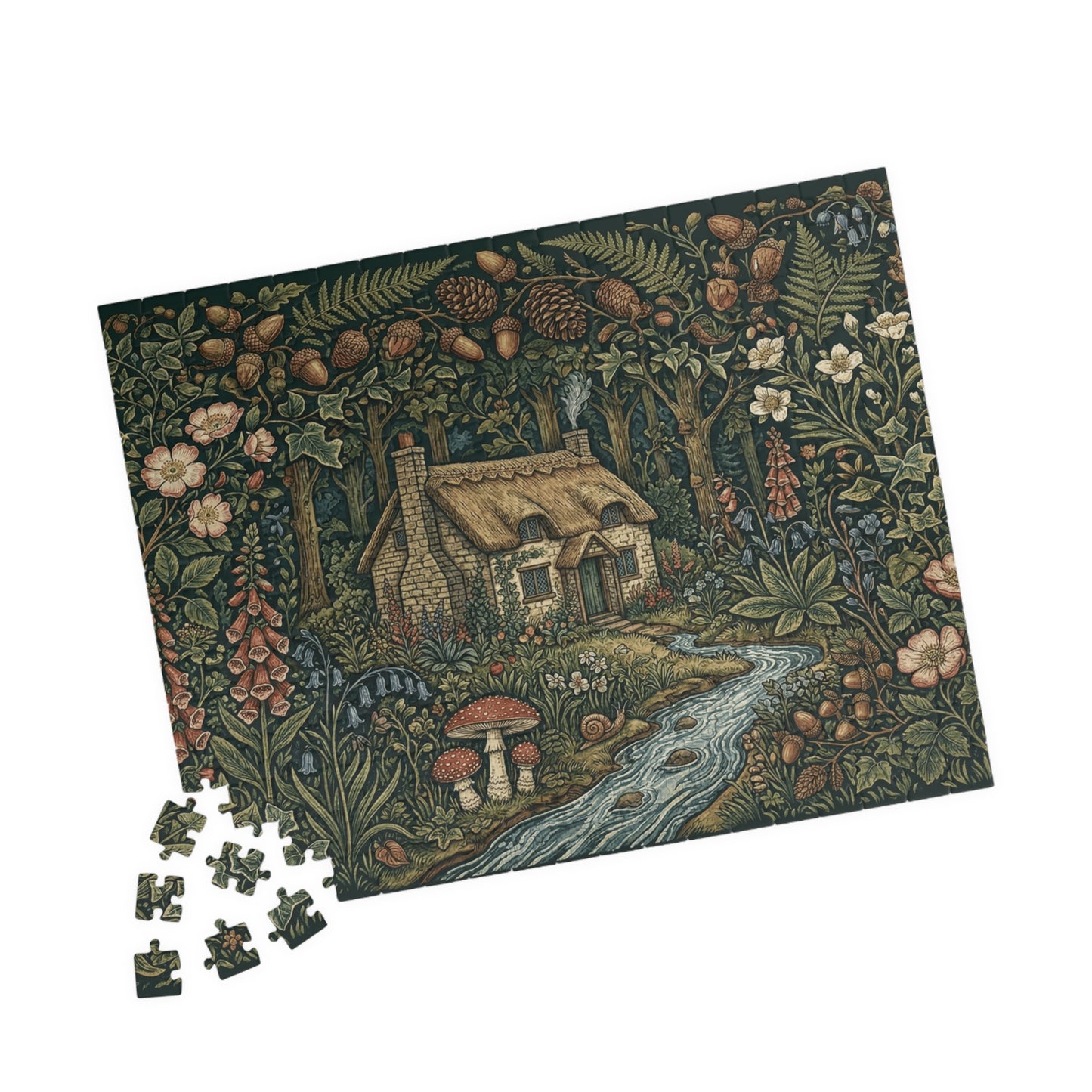 Cottage in Enchanted Forest Puzzle | 110, 252, 520, or 1014 Piece Woodland River Illustration