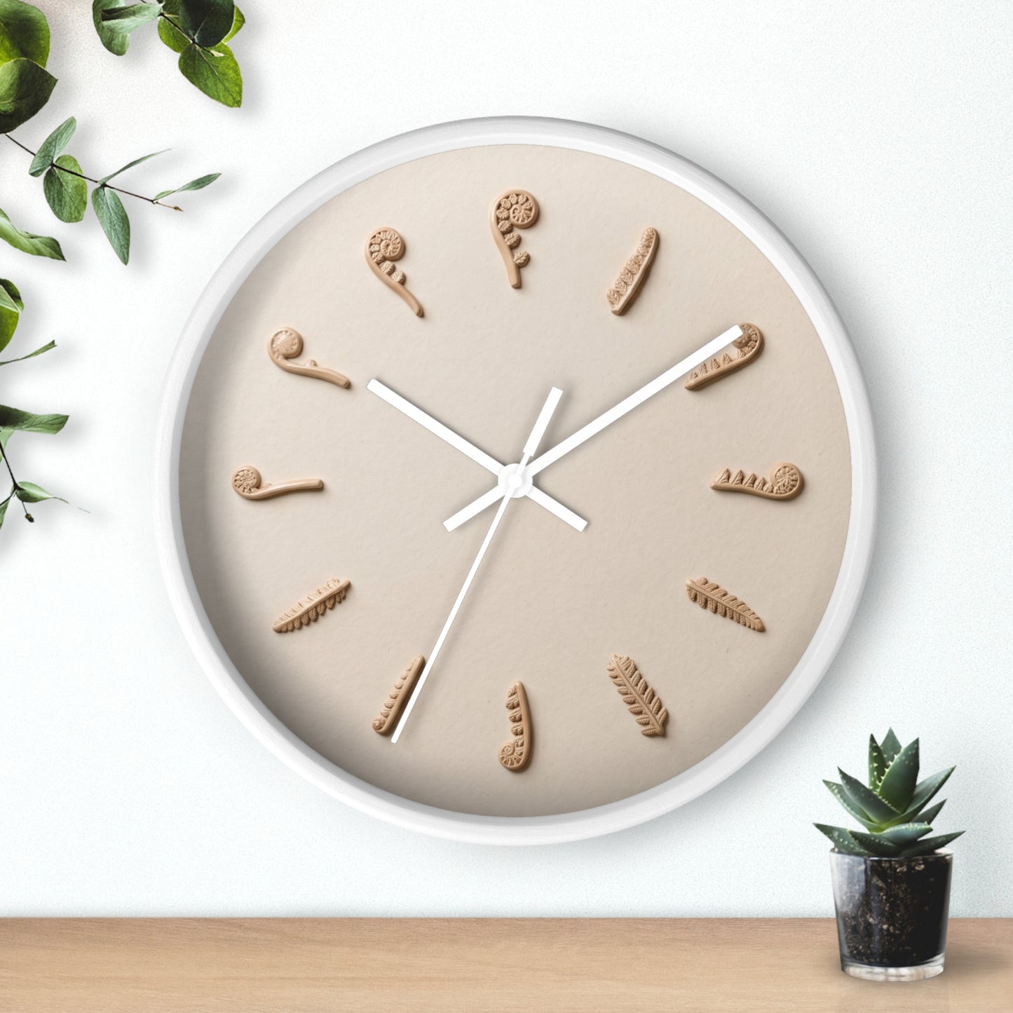 Clay Fern Motif Wall Clock | Minimal Botanical Timepiece