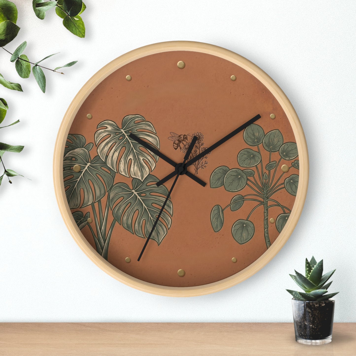 Monstera & Pilea Illustration Wall Clock | Terracotta Botanical Clock