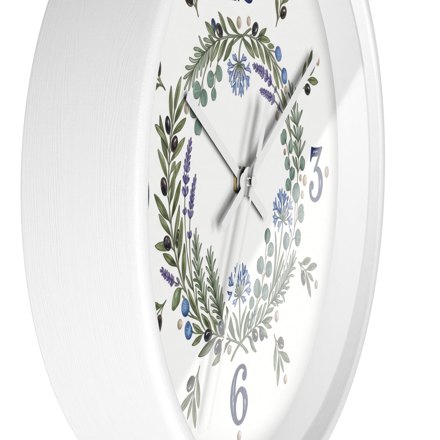 Botanical Wreath Wall Clock | Floral Laurel Timepiece, Blue Numbers