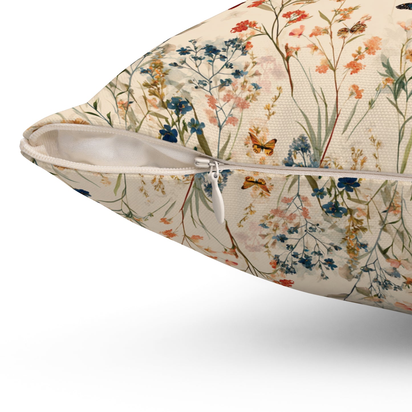 Vintage Wildflower and Butterfly Spun Polyester Square Pillow | Floral Throw Cushion