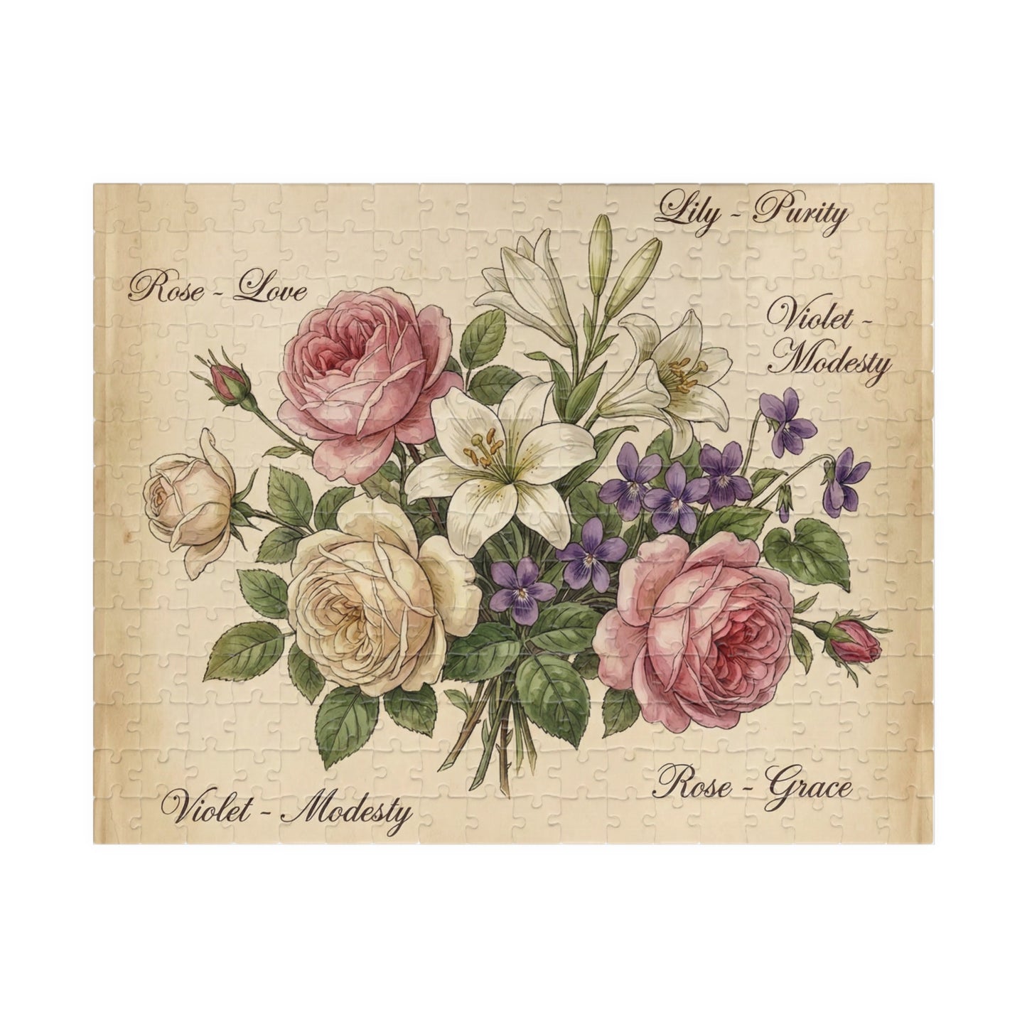 Vintage Floral Bouquet Puzzle | Rose Lily Violet Illustration
