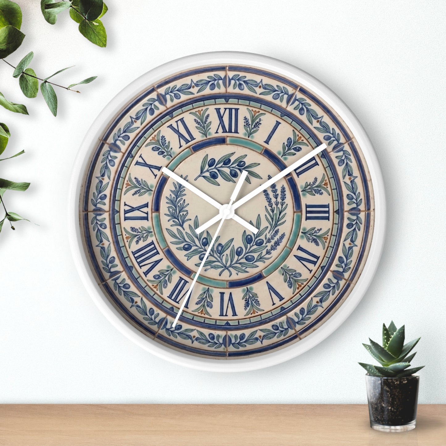 Blue Olive Wreath Wall Clock | Roman Numerals, Ceramic Tile Style