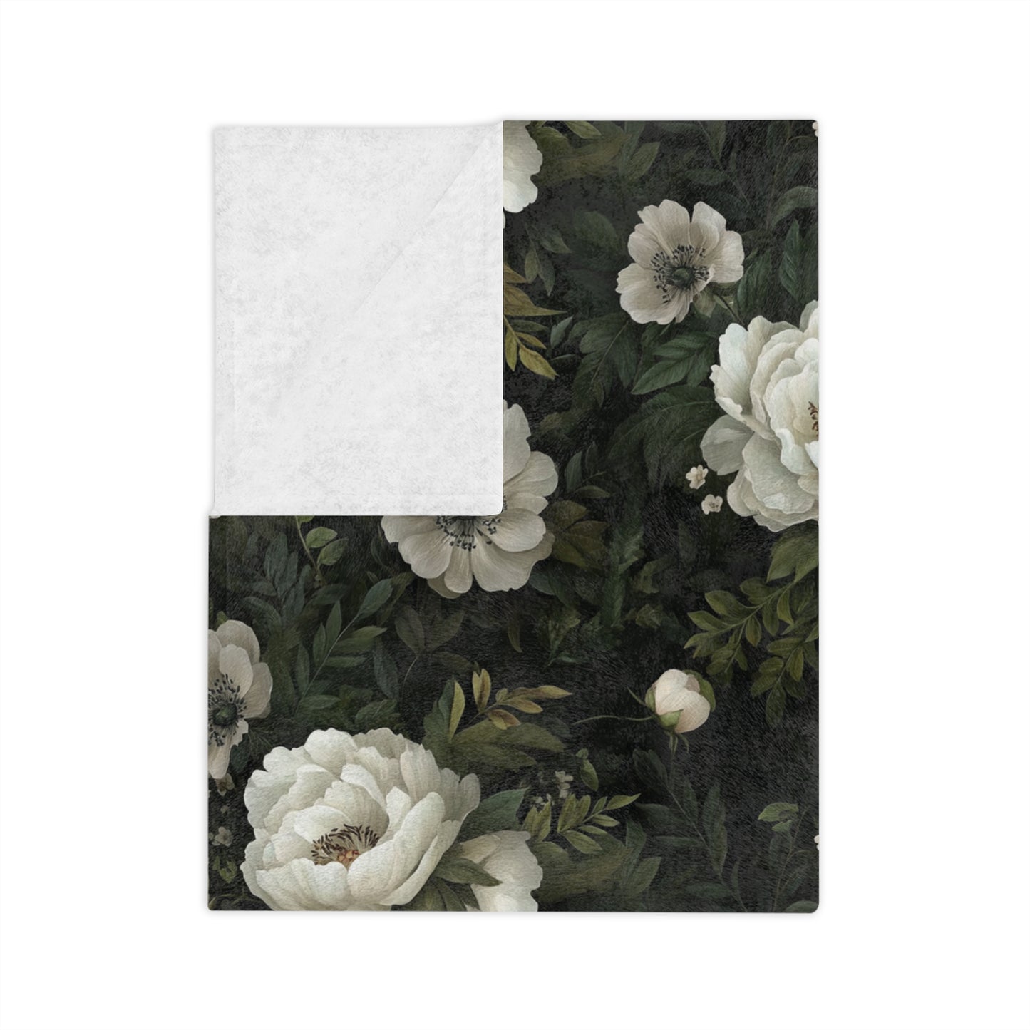 Vintage White Rose Floral Velveteen Microfiber Blanket | Dark Botanical Pattern