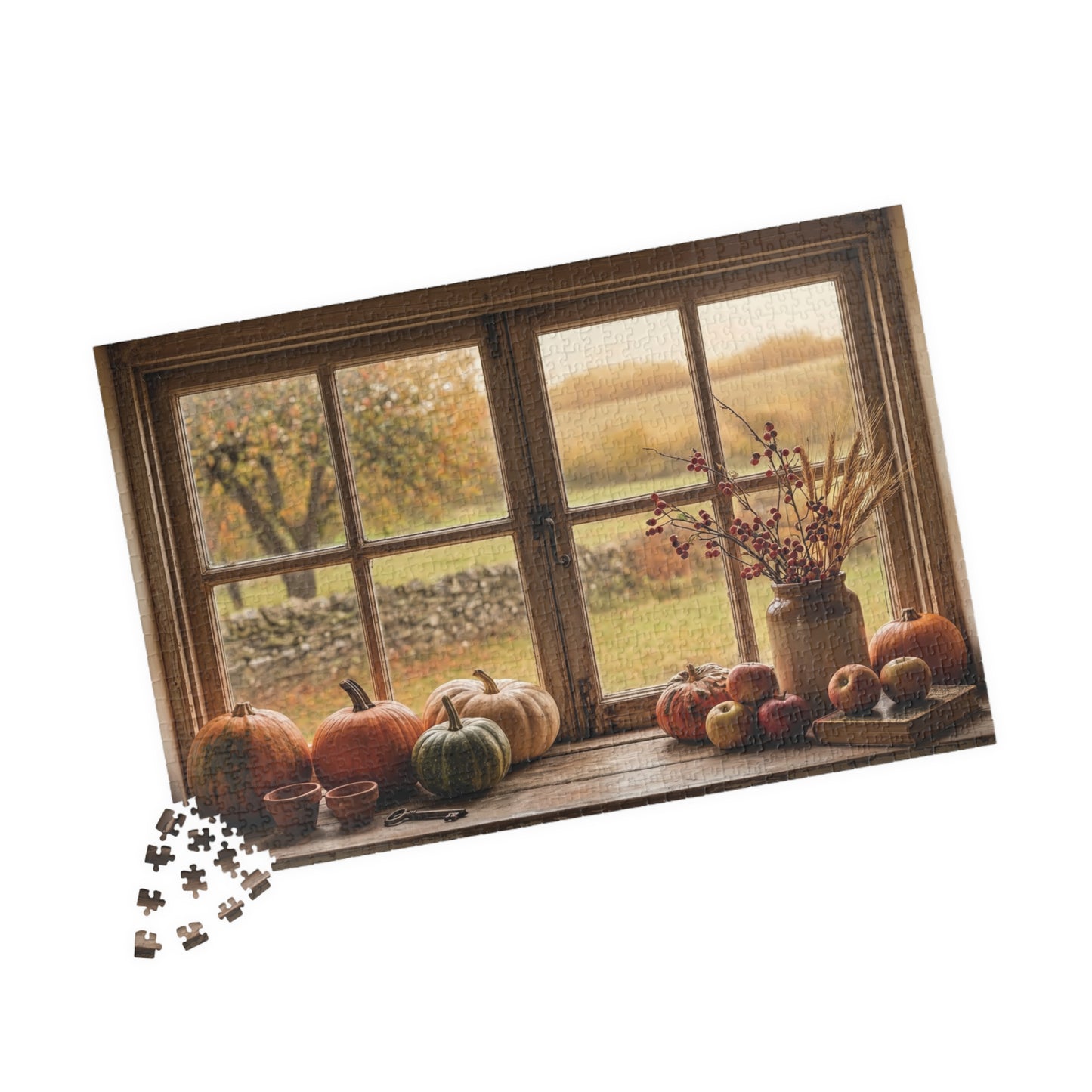 Autumn Harvest Window Puzzle 110, 252, 520, or 1014 Pieces | Fall Pumpkins Apples Still Life