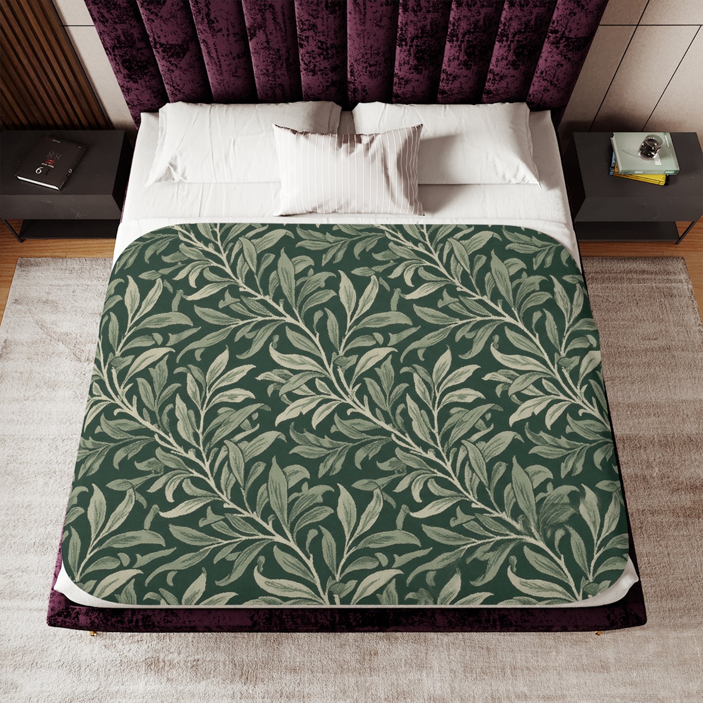 Green Botanical Olive Leaf Pattern Sherpa Blanket | Leaf Vine Throw