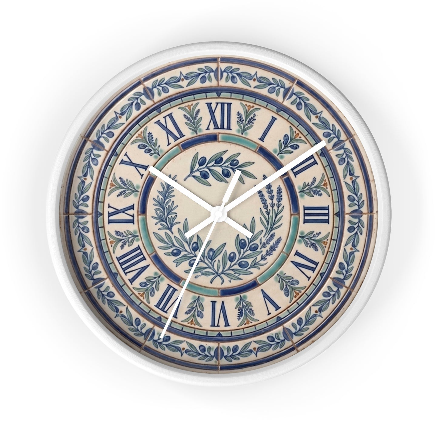 Blue Olive Wreath Wall Clock | Roman Numerals, Ceramic Tile Style