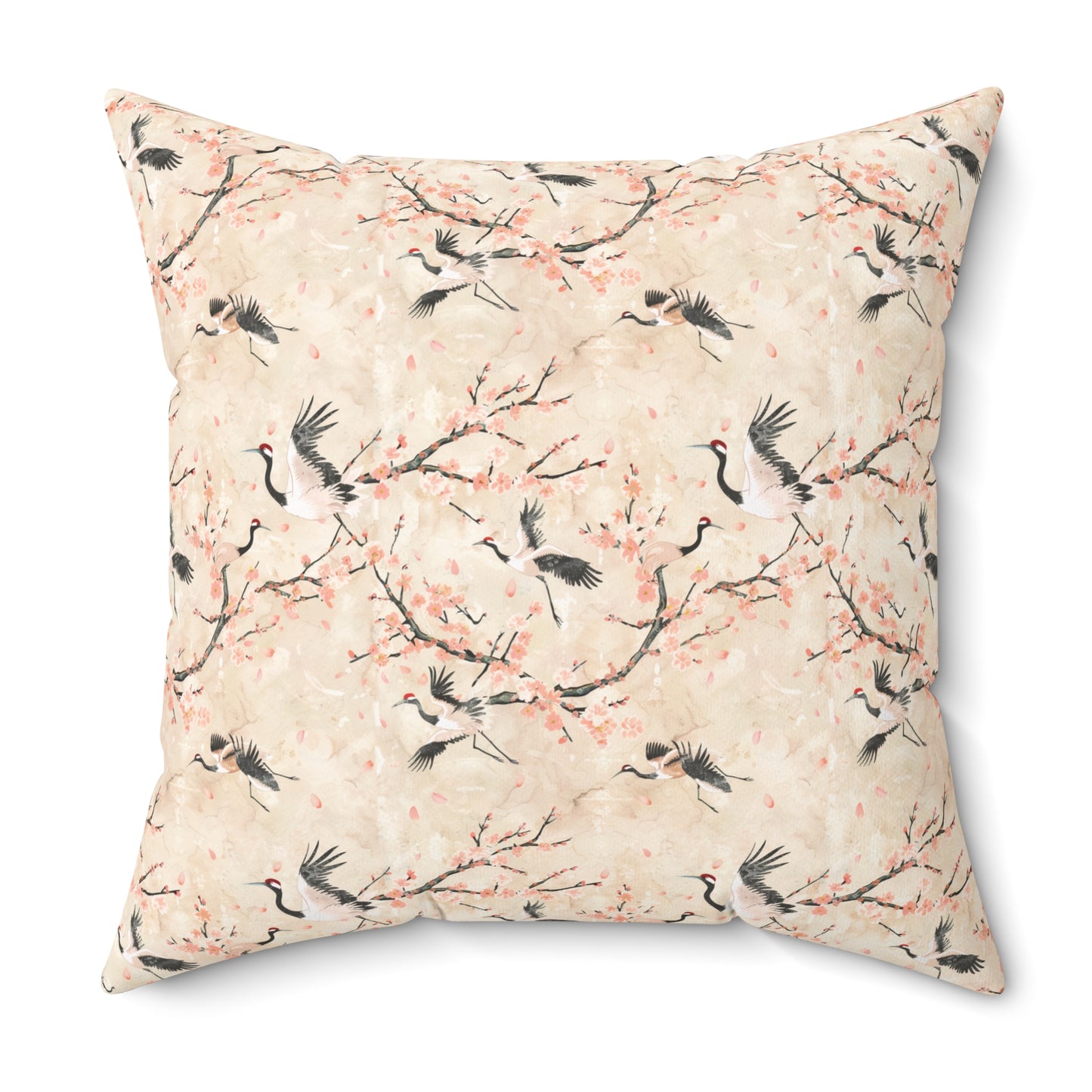 Cherry Blossom Crane Pillow | Floral Japanese Stork Pattern Square Pillow