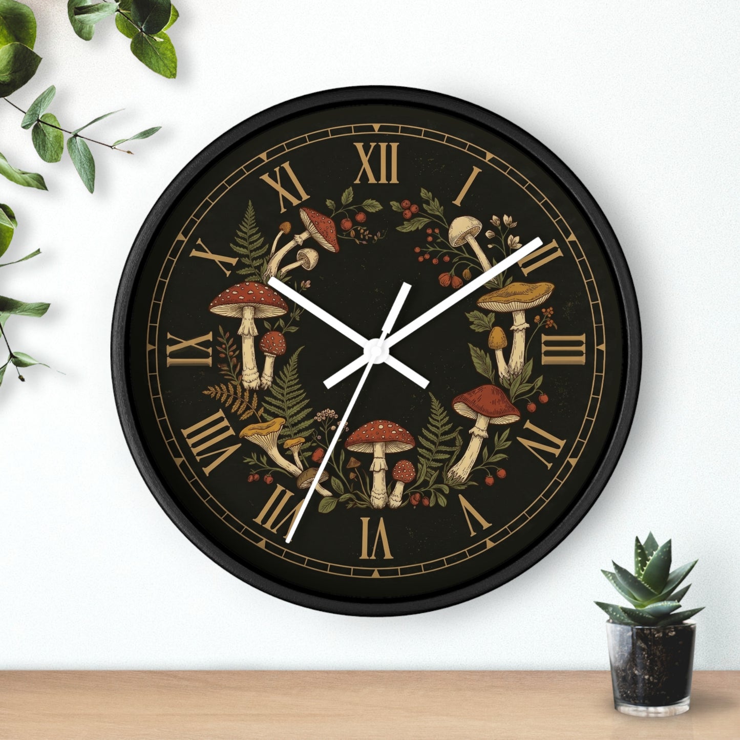 Vintage Mushroom Wreath Wall Clock | Botanical Roman Numerals