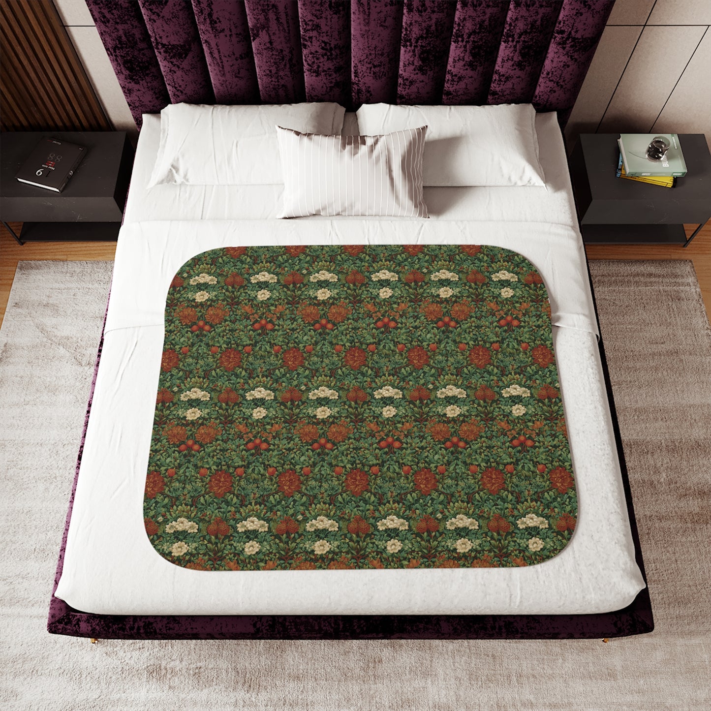 Vintage William Morris Style Floral Pattern Sherpa Blanket | Cozy Retro Botanical Throw