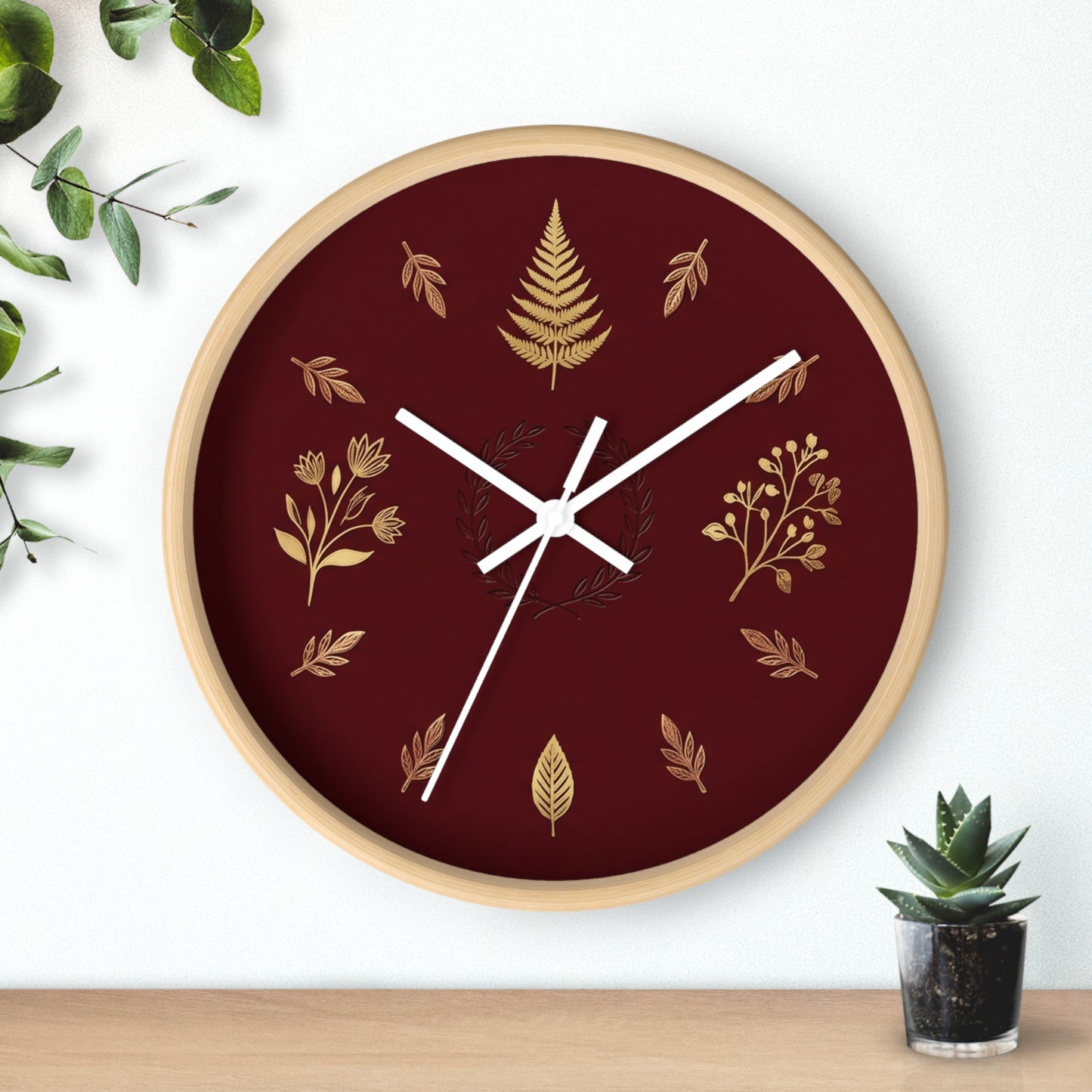 Gold Botanical Leaves Wall Clock | Maroon Floral Fern Home Decor