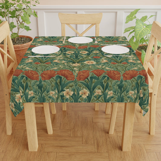 Vintage William Morris Style Floral Pattern Tablecloth | Green Poppy & Iris Design
