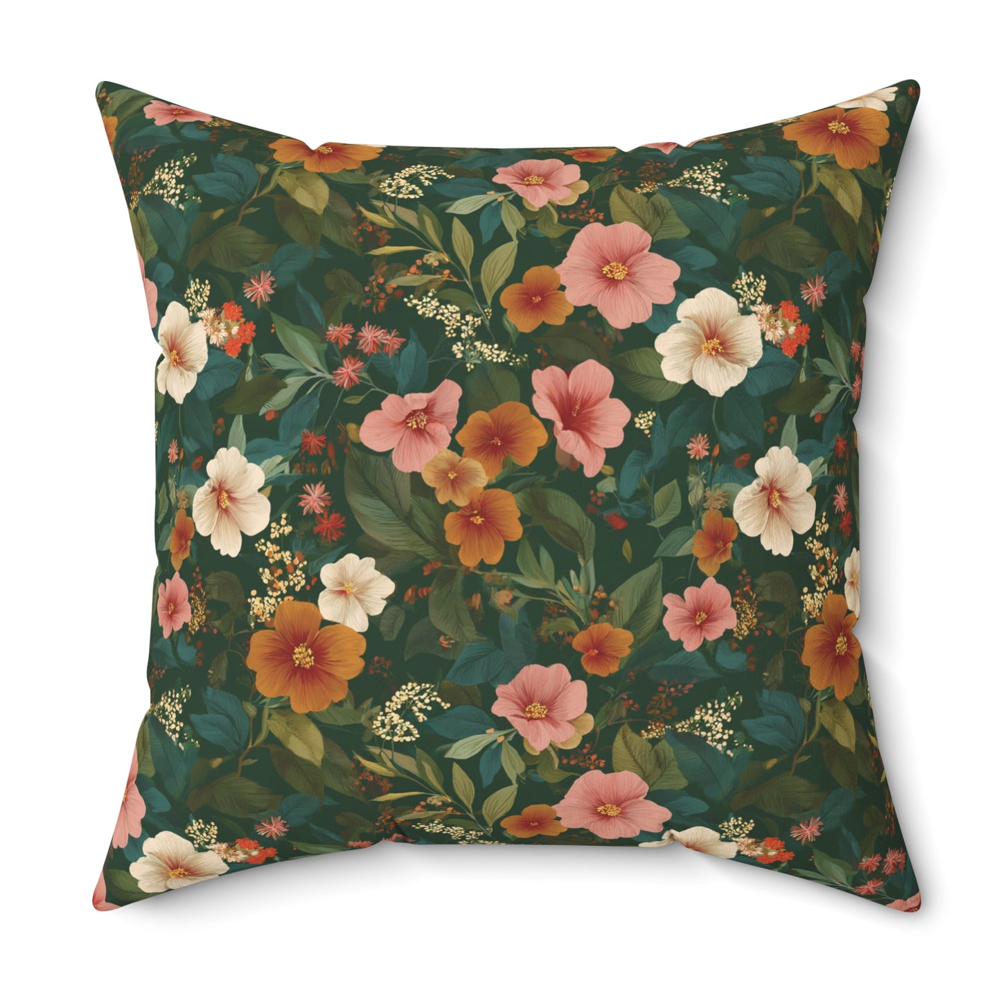 Vintage Floral Pattern Square Pillow | Dark Green Pink Orange Blossoms