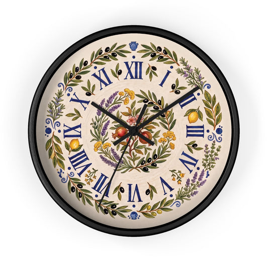 Mediterranean Wall Clock | Vintage Botanical Style Clock | Olive Branch Kitchen Decor | Coastal Cottagecore Gift | Silent Wooden Clock