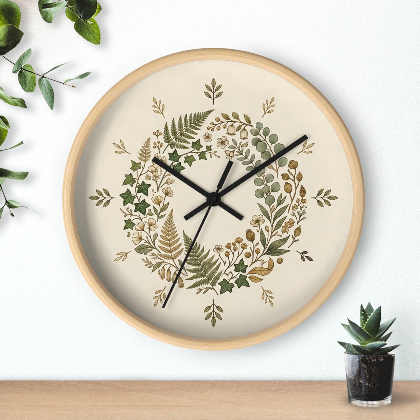 Botanical Wreath Wall Clock | Neutral Fern Floral Clock