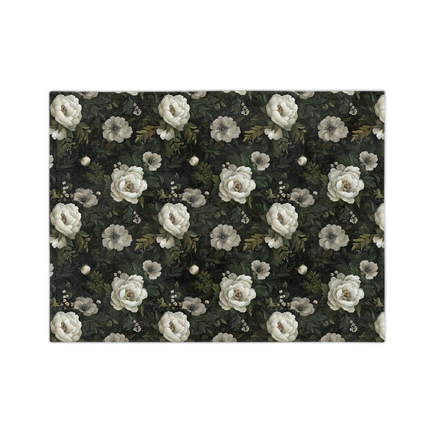 Vintage White Rose Floral Velveteen Microfiber Blanket | Dark Botanical Pattern