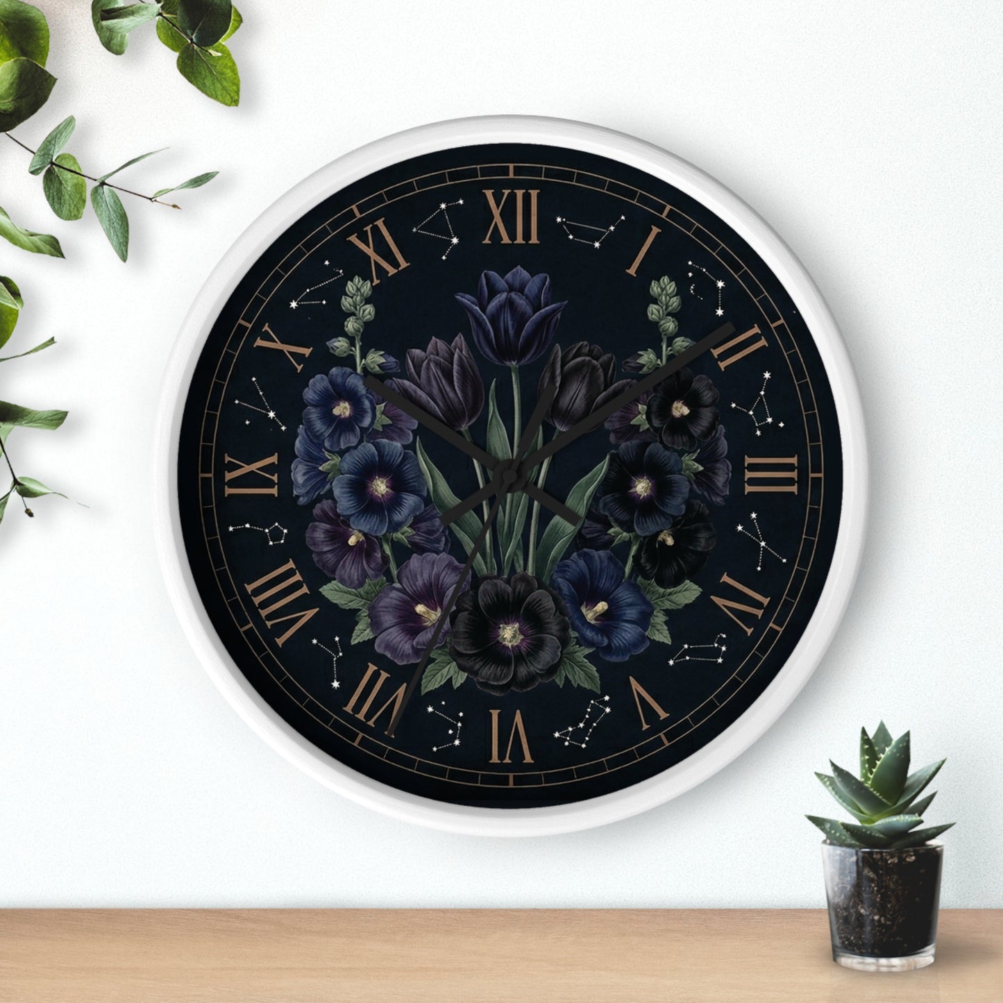 Midnight Violet Florals Wall Clock | Roman Numerals, Constellation Accents