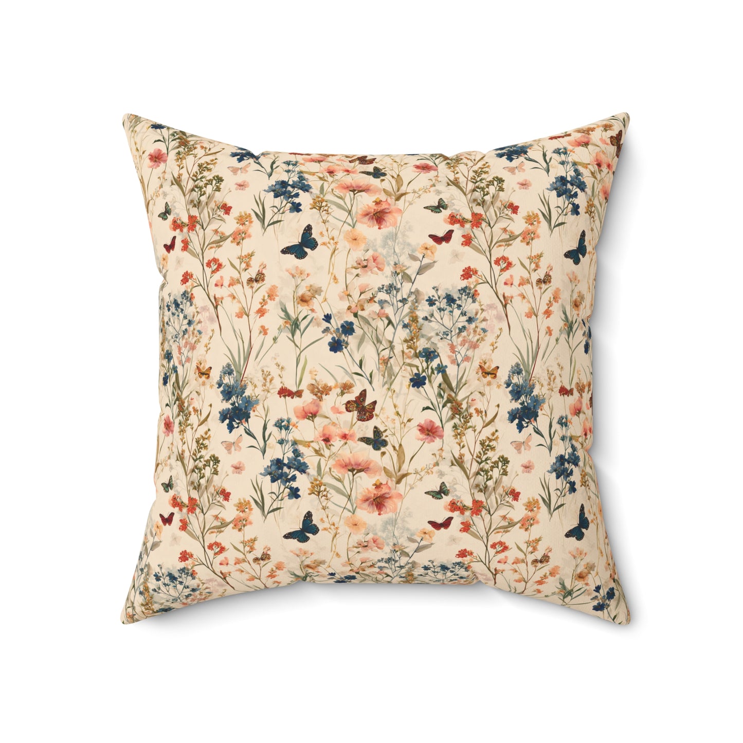 Vintage Wildflower and Butterfly Spun Polyester Square Pillow | Floral Throw Cushion