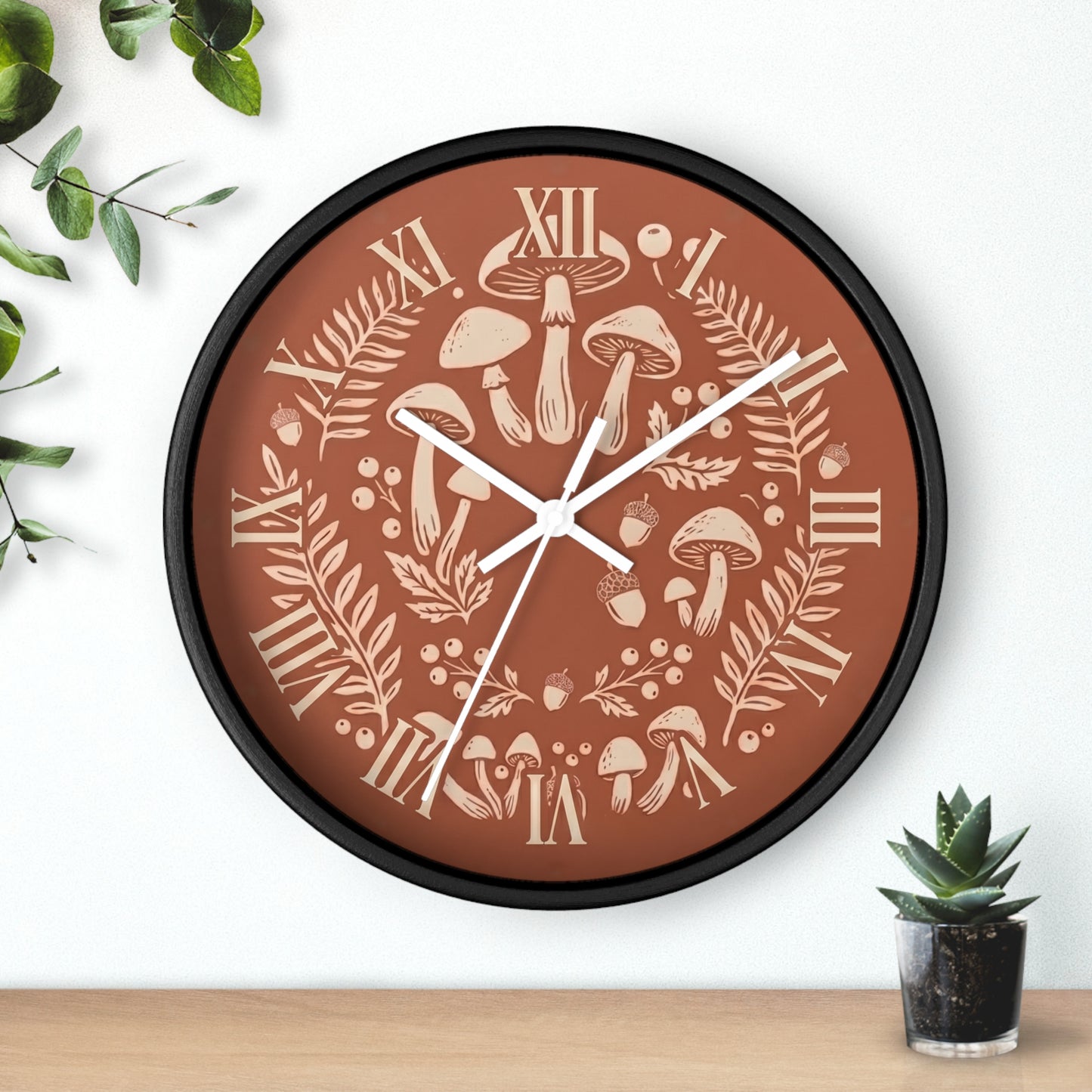 Mushroom Wreath Wall Clock | Botanical Fungi Illustration, Roman Numerals